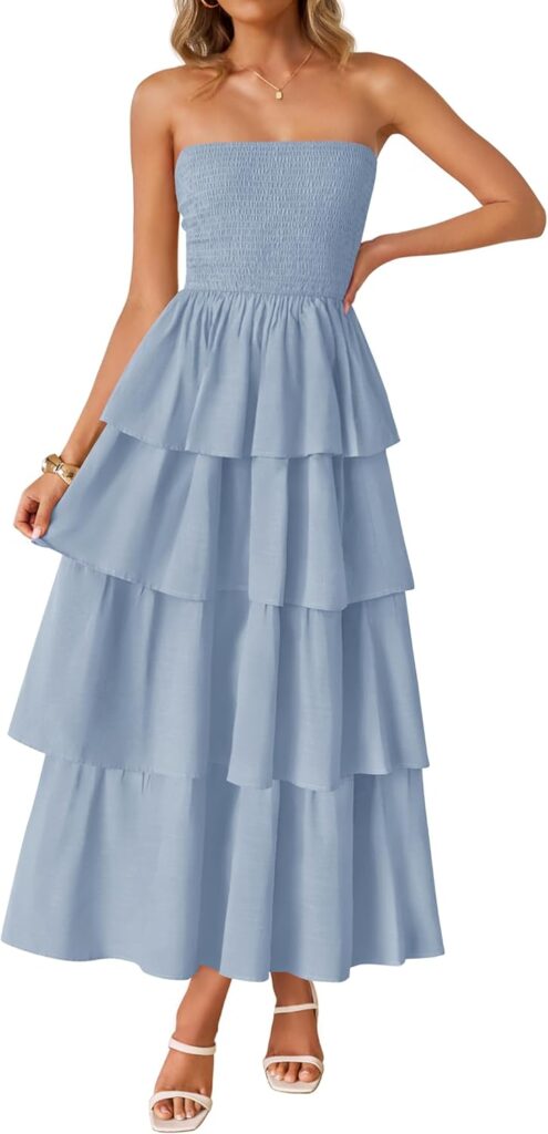 ZESICA Women‘s Summer Boho Strapless Maxi Dress 2026 Casual Sleeveless Off Shoulder Smocked Tiered Beach Long Sundress