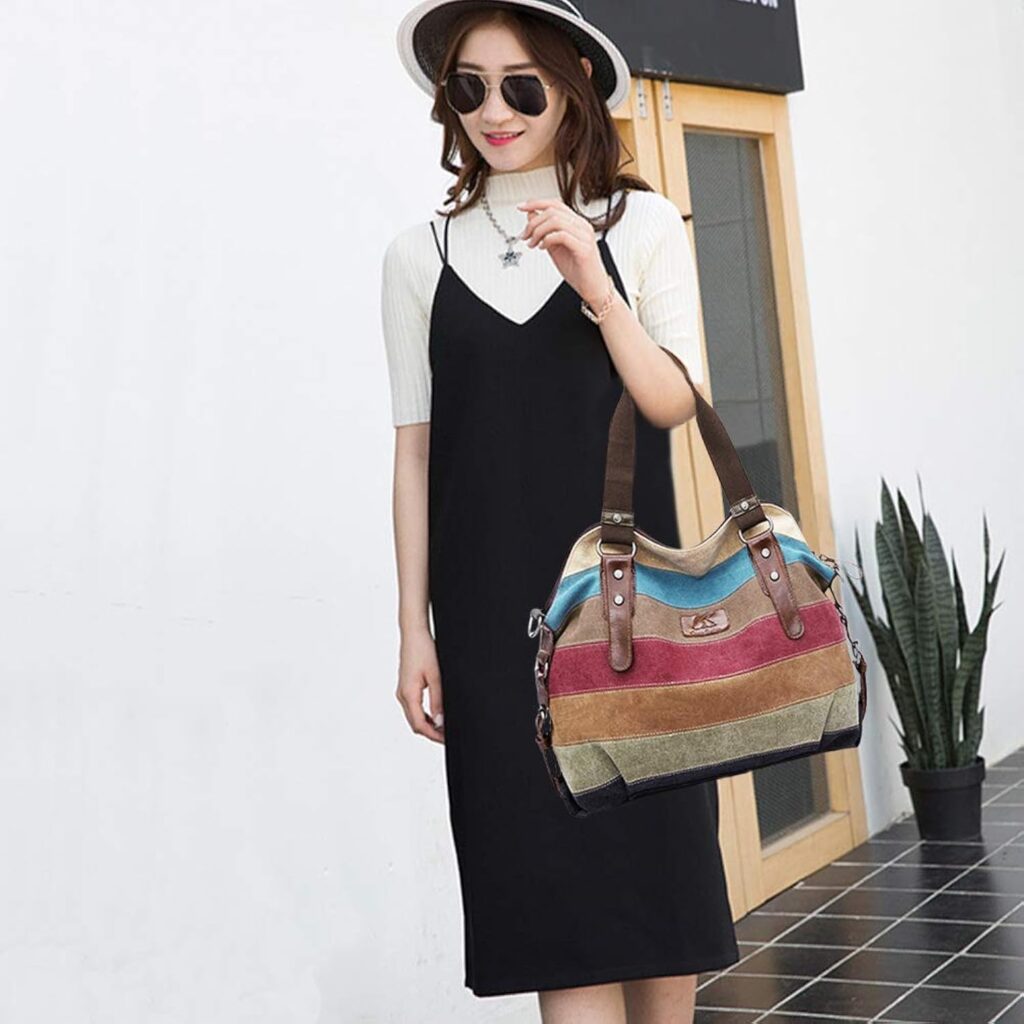 Canvas Handbag Multi-Color Striped Lattice Cross Body Shoulder Purse Bag Tote-Handbag for Women