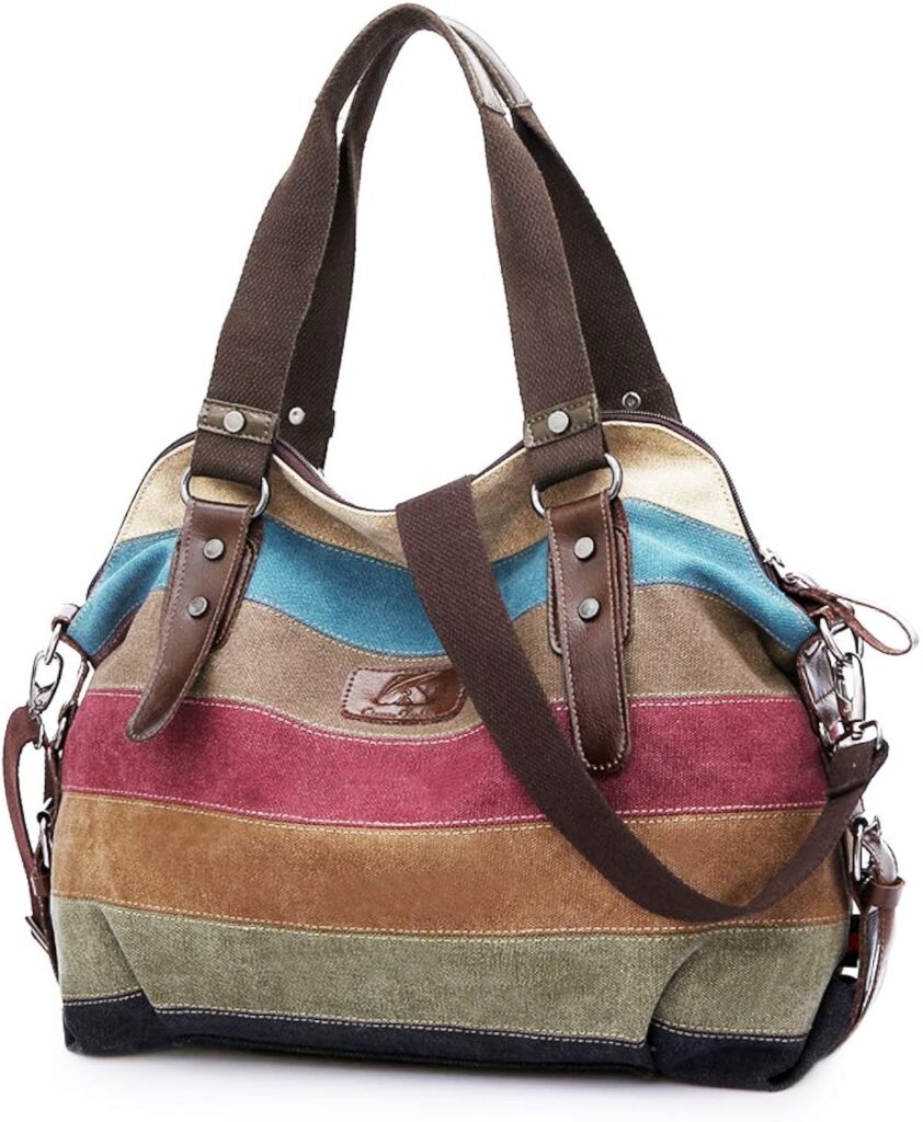 Canvas Handbag Multi-Color Striped Lattice Cross Body Shoulder Purse Bag Tote-Handbag for Women