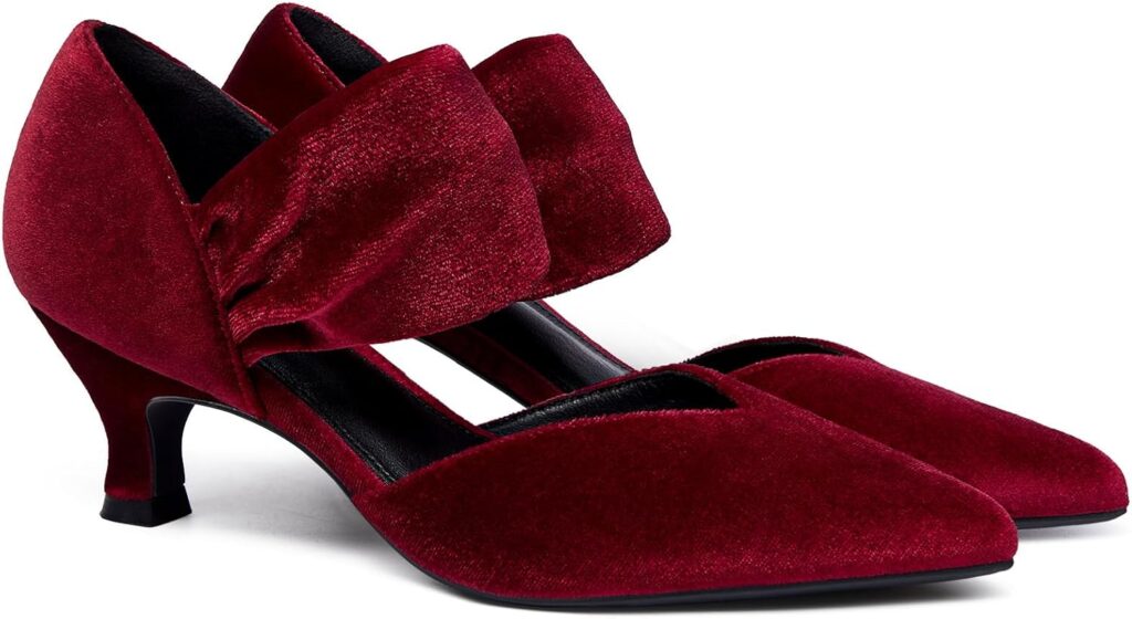 Coutgo Womens Low Kitten Heel Dress Shoes Pointed Toe Slip on Ankle Strap Cutout Elegant Party Wedding Pumps