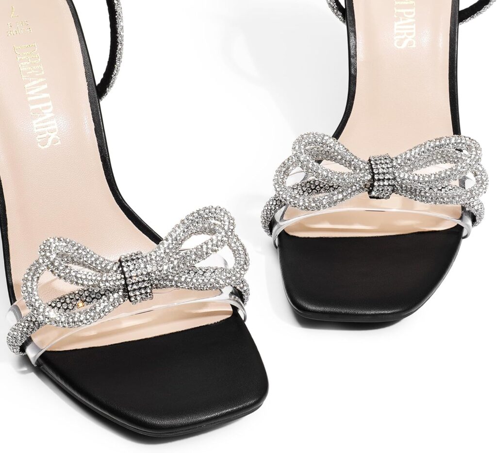 DREAM PAIRS Womens Double Bowknots Crystal Sandals Clear Slingback Heels Square Toe Shoes for Party Wedding