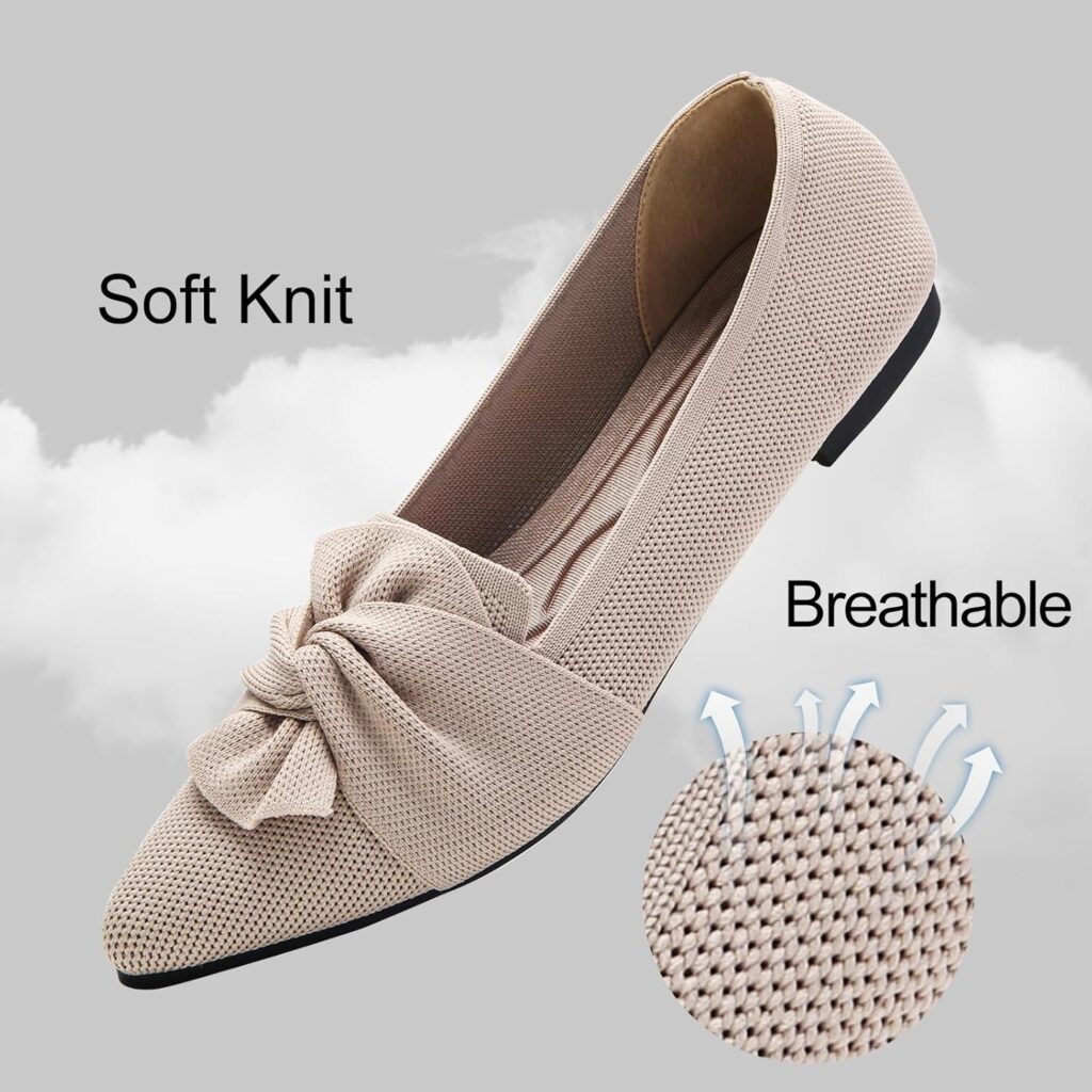 Flats for Womens Pointed Toe Ballet Flats with Bow Comfortable Knit Dressy Flats