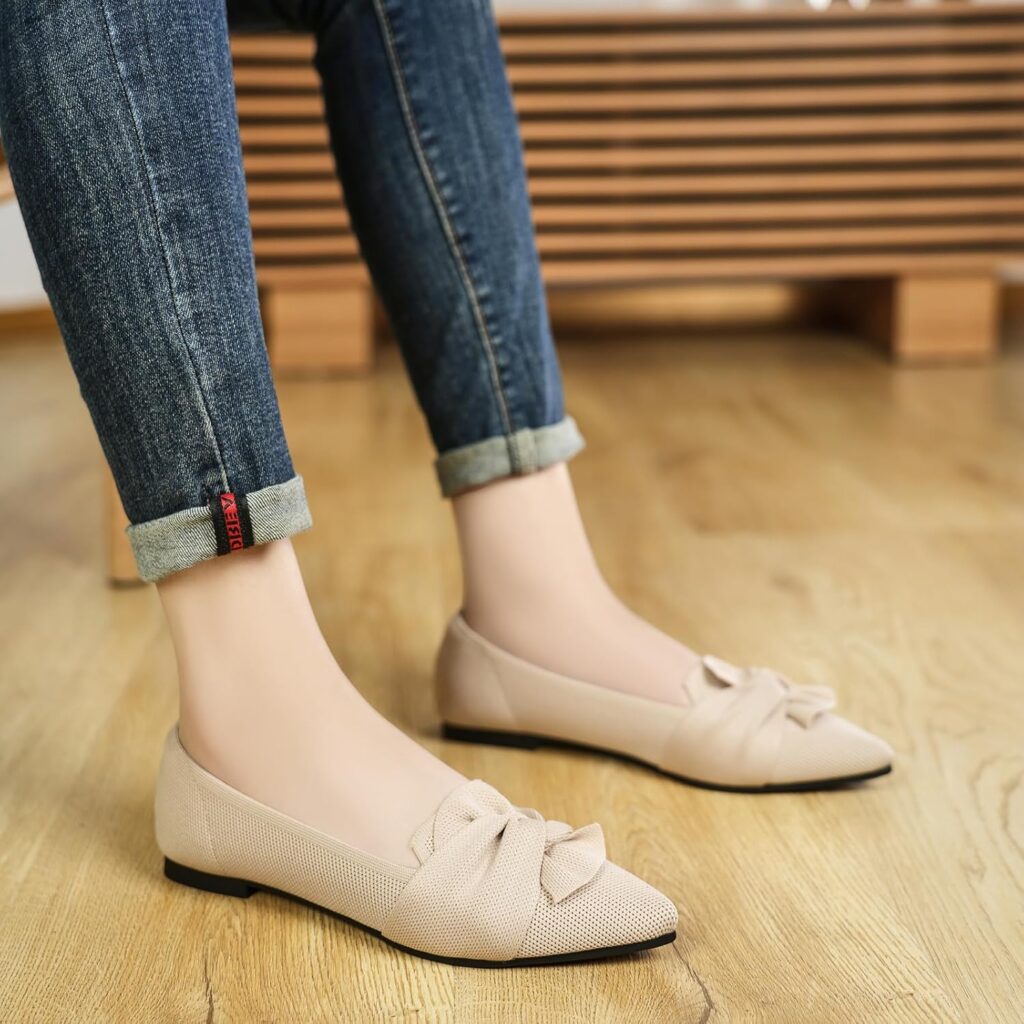 Flats for Womens Pointed Toe Ballet Flats with Bow Comfortable Knit Dressy Flats