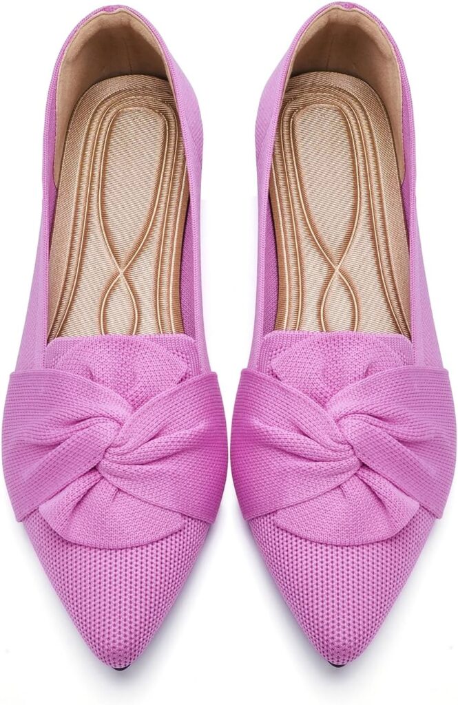Flats for Womens Pointed Toe Ballet Flats with Bow Comfortable Knit Dressy Flats