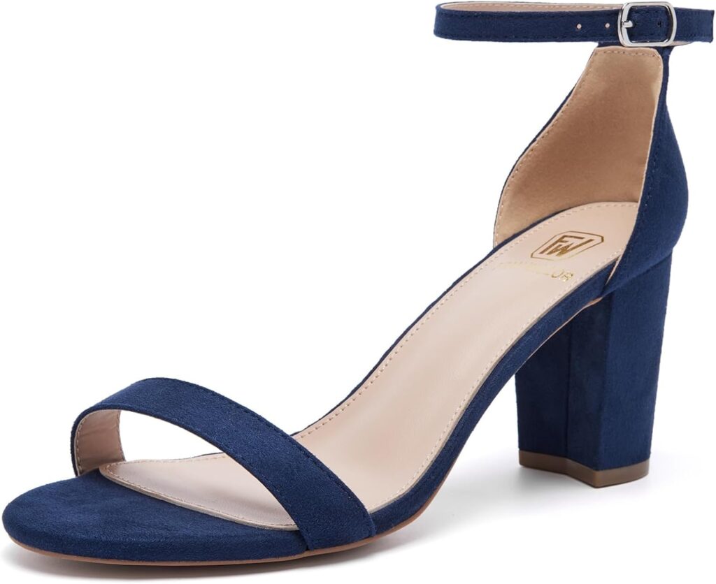 FW FRAN WILLOR Women Open Toe Low Chunky Short Heels Ankle Strap Block Heel Sandals Party Dress Wedding Pump Shoes