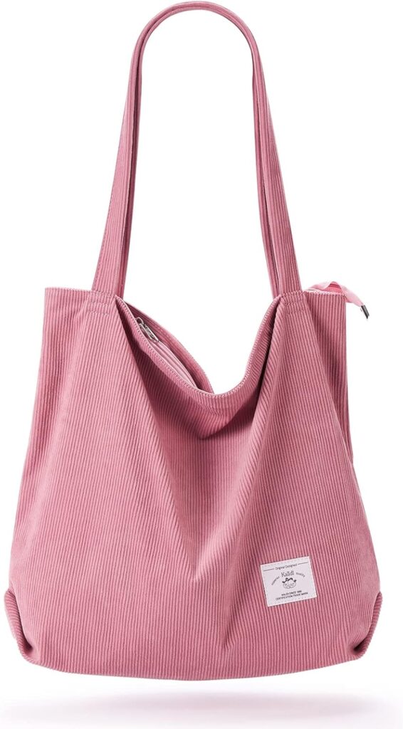 KALIDI Women Corduroy Tote Bag Zipper Casual Totes Handbag Big Capacity Shoulder Bag with Pockets