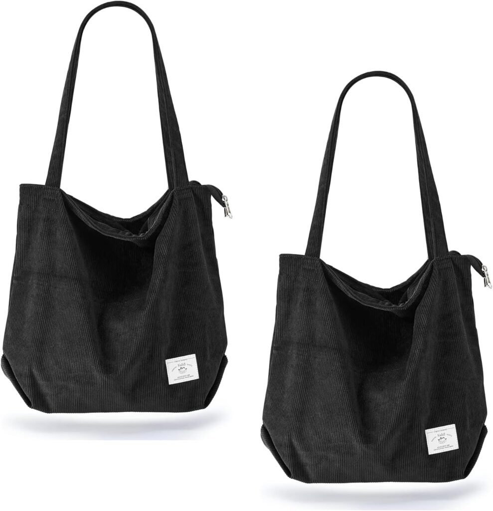 KALIDI Women Corduroy Tote Bag Zipper Casual Totes Handbag Big Capacity Shoulder Bag with Pockets