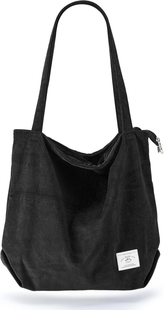 KALIDI Women Corduroy Tote Bag Zipper Casual Totes Handbag Big Capacity Shoulder Bag with Pockets