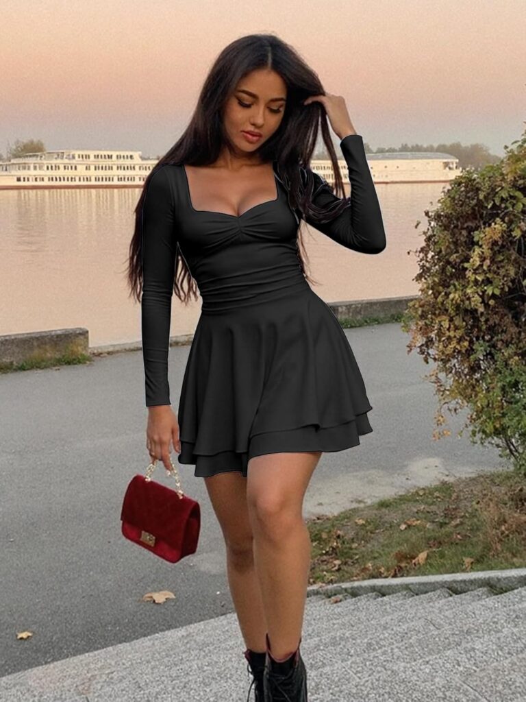 Kaximil Womens Long Sleeve Square Neck Mini Dress Ruched Ruffle Corset A Line Party Short Dresses Kaximil Womens Long Sleeve Square Neck Mini Dress Ruched Ruffle Corset A Line Party Short Dresses