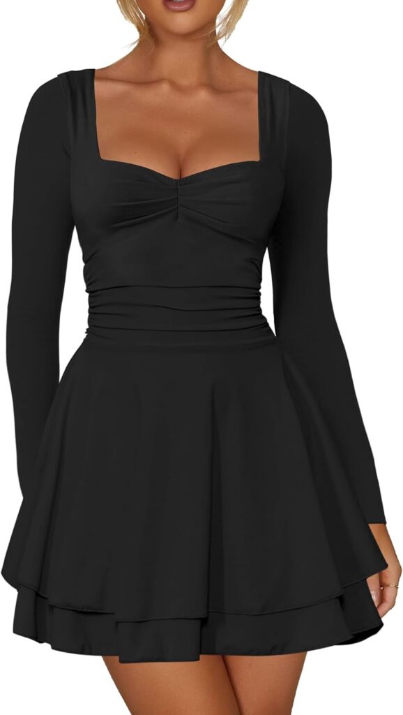 Kaximil Womens Long Sleeve Square Neck Mini Dress Ruched Ruffle Corset A Line Party Short Dresses Kaximil Womens Long Sleeve Square Neck Mini Dress Ruched Ruffle Corset A Line Party Short Dresses