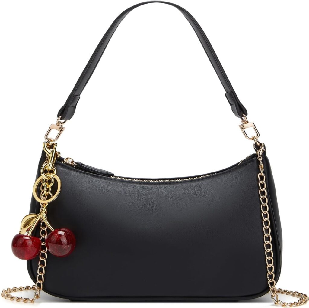 MOPOVO Black Shoulder Bag for Women Cute Hobo Cherry Purse Retro Clutch Underarm Handbag with Removable Straps
