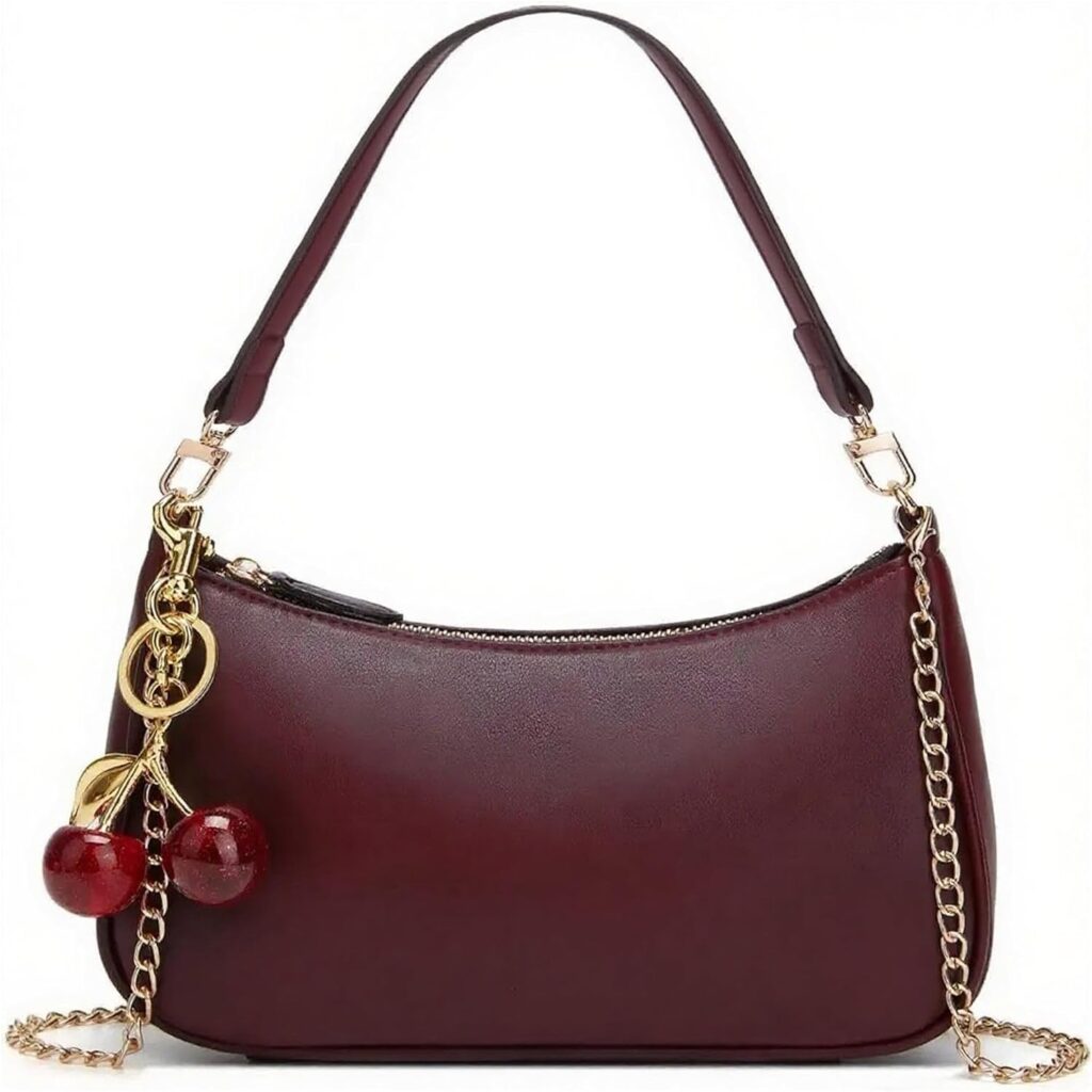 MOPOVO Black Shoulder Bag for Women Cute Hobo Cherry Purse Retro Clutch Underarm Handbag with Removable Straps