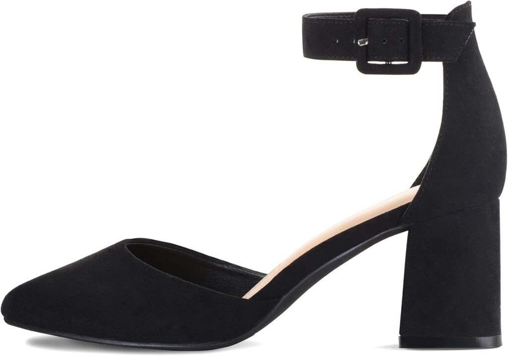 mysoft Womens Pointed Toe Low Chunky Heels Closed Toe Ankle Strap Dress Pump Shoes - Available in Wide Sizes