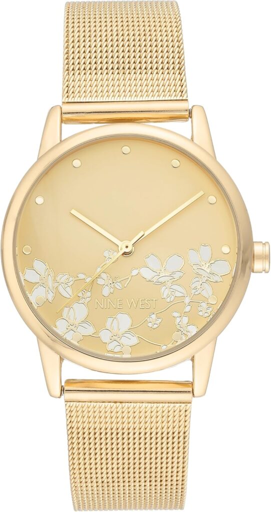 Nine West Womens Floral Dial Mesh Bracelet Watch