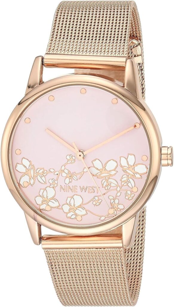 Nine West Womens Floral Dial Mesh Bracelet Watch