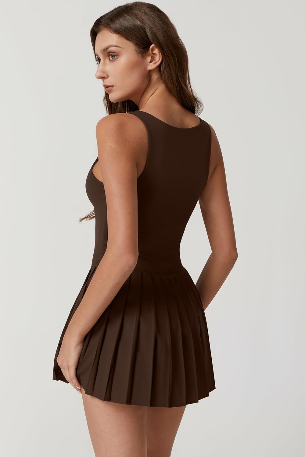 QINSEN Womens Square Neck Tennis Dress Pleated (Chestnut)