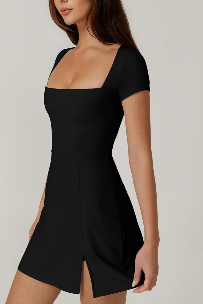 QINSEN Womens Square Neck Tennis Dress Short Sleeve Built in Shorts Golf Athletic Dress with Pockets QINSEN Womens Square Neck Tennis Dress Short Sleeve Built in Shorts Golf Athletic Dress with Pockets