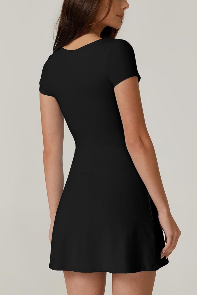 QINSEN Womens Square Neck Tennis Dress Short Sleeve Built in Shorts Golf Athletic Dress with Pockets QINSEN Womens Square Neck Tennis Dress Short Sleeve Built in Shorts Golf Athletic Dress with Pockets