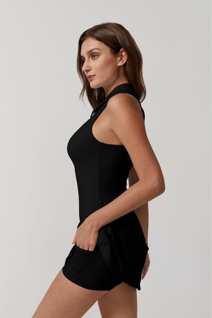 QINSEN Womens Zip Front Tennis Dress Polo Collar Racer Back Workout Golf Dresses Build in Shorts with Pockets