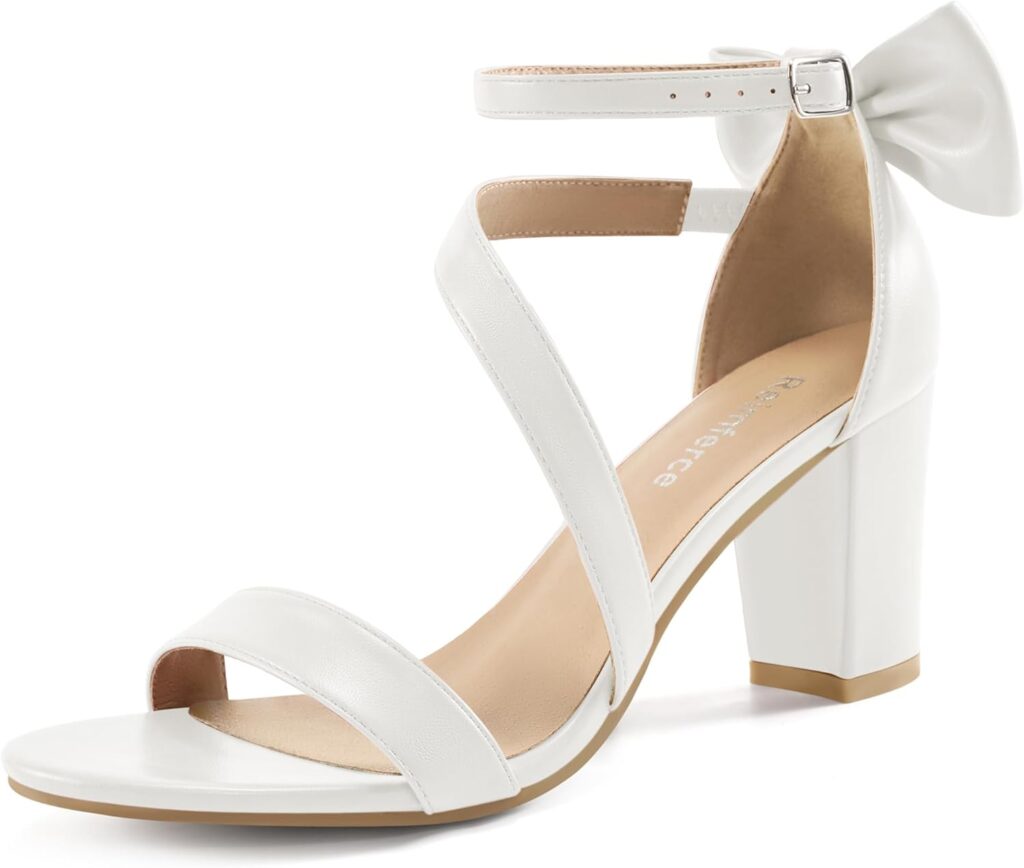 Reimferce Comfortable Block Heels for Women: 3.14 Stable Walk for Confidence on Wedding - Elegant Bow Ankle Strap  Cushioned Insole for Bride  Bridesmaids