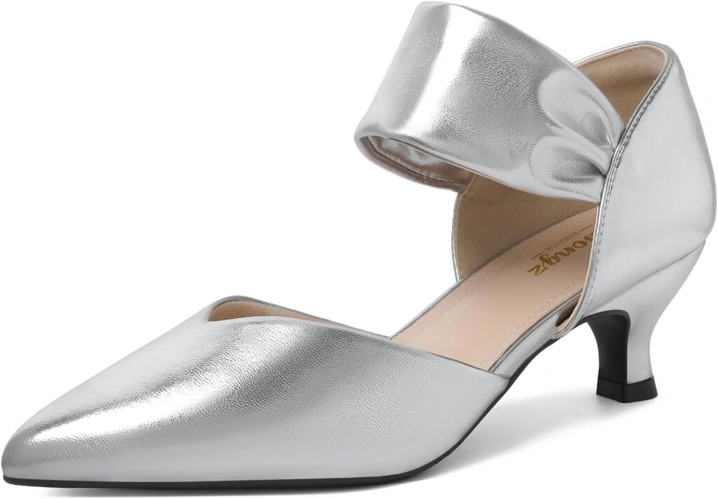 RIBONGZ Kitten Heels for Women Closed Toe Comfortable Low Heels Pointed Toe Sexy Slip on Pumps Bridal Party Dressy Shoes