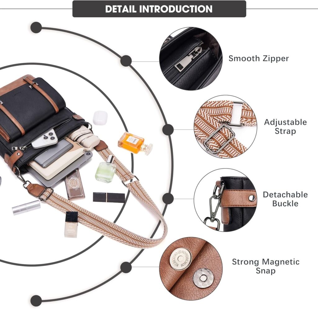 Roulens Crossbody Bags for Women,Multi Pocket Crossbody Purses Vegan Leather Shoulder Handbags Travel Purse Adjustable Strap